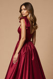 Burgundy Satin A Line One Shoulder Maxi Prom Dress with Slit