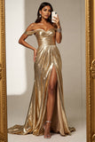 Golden A Line Metallic Maxi Prom Dress with Slit