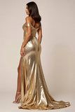 Golden A Line Metallic Maxi Prom Dress with Slit