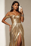 Golden A Line Metallic Maxi Prom Dress with Slit