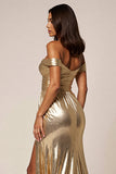 Golden A Line Metallic Maxi Prom Dress with Slit