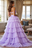 Purple Tulle Tiered V-Neck A Line Maxi Prom Dress with Slit