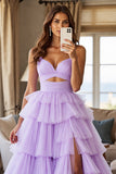 Purple Tulle Tiered V-Neck A Line Maxi Prom Dress with Slit