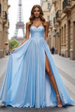 Blue Satin Sweetheart A Line Maxi Prom Dress with Slit