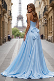 Blue Satin Sweetheart A Line Maxi Prom Dress with Slit