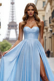Blue Satin Sweetheart A Line Maxi Prom Dress with Slit
