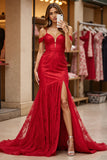 Red Lace Cold Shoulder Mermaid Maxi Prom Dress with Slit