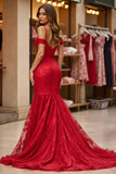 Red Lace Cold Shoulder Mermaid Maxi Prom Dress with Slit