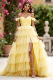 Yellow Ball Gown Tulle Tiered Maxi Prom Dress with Slit