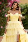 Yellow Ball Gown Tulle Tiered Maxi Prom Dress with Slit