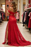 Red Lace Cold Shoulder Maxi Prom Dress with Slit