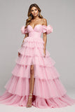 Pink Floral Tulle Ball Gown Maxi Prom Dress with Slit