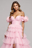 Pink Floral Tulle Ball Gown Maxi Prom Dress with Slit