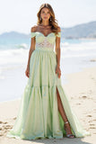 Green Off the Shoulder A Line Maxi Prom Dress with Slit