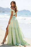 Green Off the Shoulder A Line Maxi Prom Dress with Slit