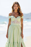 Green Off the Shoulder A Line Maxi Prom Dress with Slit