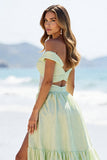 Green Off the Shoulder A Line Maxi Prom Dress with Slit