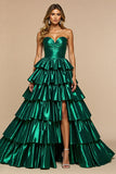 Dark Green Satin Tiered Maxi Ruffled Prom Dress with Slit
