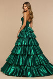 Dark Green Satin Tiered Maxi Ruffled Prom Dress with Slit