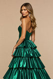 Dark Green Satin Tiered Maxi Ruffled Prom Dress with Slit
