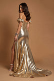 Golden A Line Ruffled Metallic Maxi Prom Dress with Slit