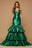 Dark Green Satin Mermaid Halter Maxi Prom Dress with Ruffles
