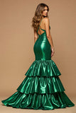 Dark Green Satin Mermaid Halter Maxi Prom Dress with Ruffles