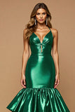 Dark Green Satin Mermaid Halter Maxi Prom Dress with Ruffles