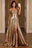 Golden Metallic A Line Maxi Prom Dress with Slit