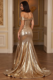 Golden Metallic A Line Maxi Prom Dress with Slit