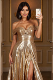 Golden Metallic A Line Maxi Prom Dress with Slit