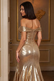Golden Metallic A Line Maxi Prom Dress with Slit