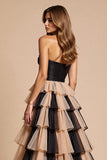 Black and Pink Strapless Tulle Ball Gown Maxi Prom Dress with Slit