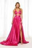 Fuchsia Cut Out Satin A Line Maxi Prom Dress with Slit