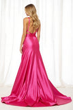 Fuchsia Cut Out Satin A Line Maxi Prom Dress with Slit