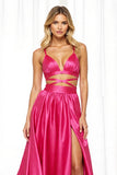 Fuchsia Cut Out Satin A Line Maxi Prom Dress with Slit
