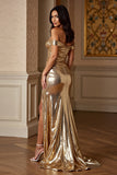 Metallic Sheath Golden Maxi Prom Dress with Slit