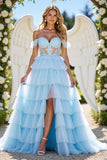 Blue A Line Tulle Tiered Maxi Prom Dress with Appliques