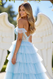Blue A Line Tulle Tiered Maxi Prom Dress with Appliques