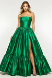 Dark Green Ball Gown Strapless Maxi Satin Prom Dress with Slit