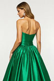 Dark Green Ball Gown Strapless Maxi Satin Prom Dress with Slit
