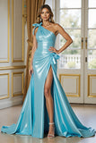 Blue Satin Ruched Mermaid Maxi Prom Dress with Slit