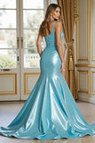 Blue Satin Ruched Mermaid Maxi Prom Dress with Slit