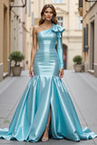 Blue Satin Ruffled One Shoulder Mermaid Maxi Prom Dress with Slit