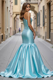 Blue Satin Ruffled One Shoulder Mermaid Maxi Prom Dress with Slit