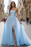 Simple Blue A Line Tulle Strapless Maxi Prom Dress with Slit