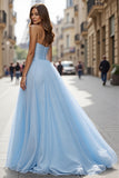 Simple Blue A Line Tulle Strapless Maxi Prom Dress with Slit