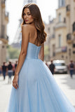 Simple Blue A Line Tulle Strapless Maxi Prom Dress with Slit