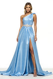 Blue A Line Satin One Shoulder Maxi Prom Dress with Rhinestones