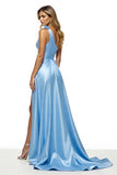 Blue A Line Satin One Shoulder Maxi Prom Dress with Rhinestones